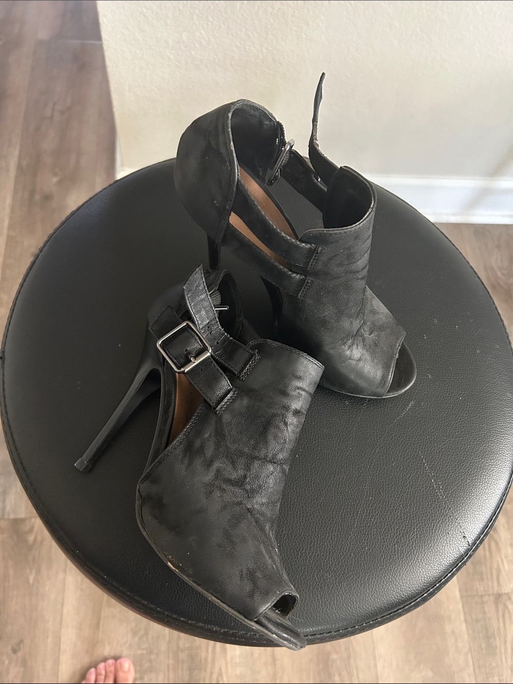 Chinese Laundry Black Peep-Toe Stiletto Booties with Buckle